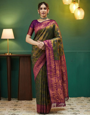 VASTUKALA Woven Kanjivaram Pure Silk, Art Silk Saree(Dark Green, Purple)