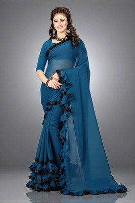 fFASHION Solid/Plain Bollywood Georgette Saree(Blue)
