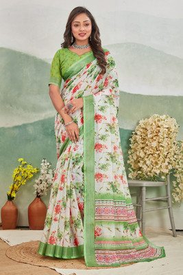 Rashmi Sarees Floral Print Bollywood Linen Saree(Green)