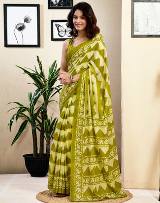 Satrani Floral Print, Geometric Print, Printed Daily Wear Pure Cotton Saree(Green, White)