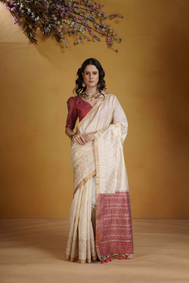 SHREEKHODIYARST Printed Handloom Jacquard, Art Silk Saree(Cream)