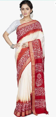 Shree Ethnic Printed Hand Batik Handloom Cotton Linen Saree(White)