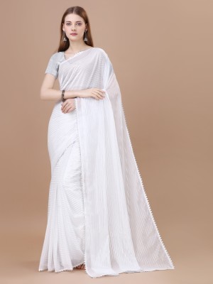 REDFISH Printed, Temple Border, Striped, Solid/Plain Daily Wear Georgette, Chiffon Saree(White)