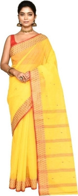 TANTSHREE Self Design Tant Pure Cotton Saree(Yellow, Red)