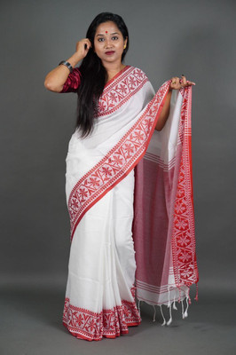 BiswasTextiles Self Design Tant Pure Cotton Saree(White, Red)