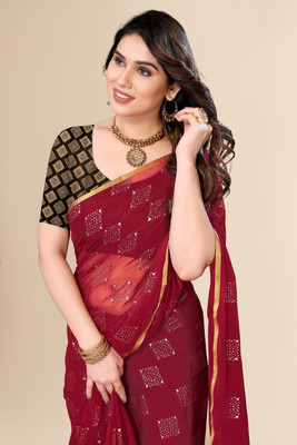 Desi Style Printed Daily Wear Net, Chiffon Saree(Maroon)