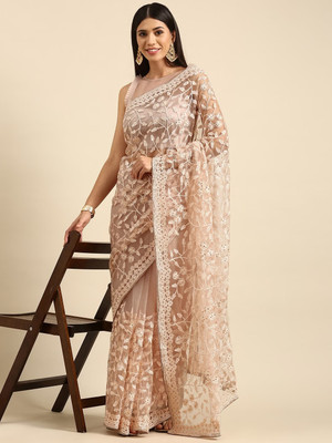 manvaa Embroidered Bollywood Net Saree(Beige)