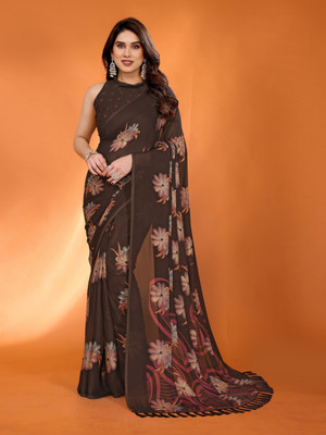 Divastri Floral Print Bollywood Chiffon Saree(Brown)