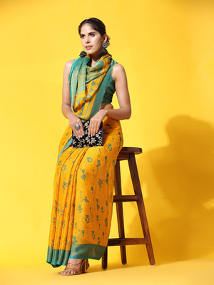 rujave Digital Print Assam Silk Chiffon Saree(Yellow)