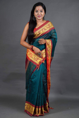 HouseOfCommon Solid/Plain Handloom Cotton Silk Saree(Multicolor)