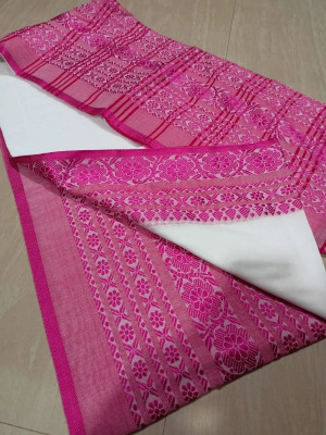 Amita Collections Woven Handloom Cotton Blend Saree(Pink, White)