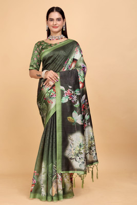 Mugdarra Floral Print Daily Wear Cotton Silk Saree(Green)