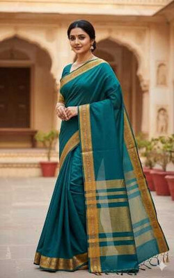 Kuthampully Woven, Solid/Plain Handloom Cotton Blend Saree(Green)