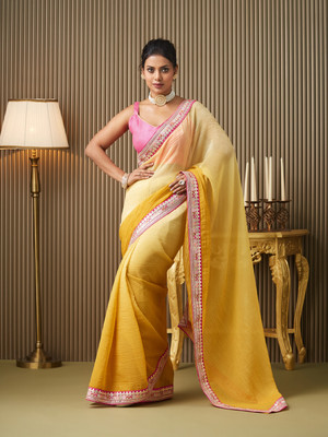 Divastri Embellished, Solid/Plain, Ombre Bollywood Chiffon Saree(Yellow, Pink)