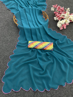 Jyanshu Creation Solid/Plain Bollywood Georgette Saree(Dark Blue)