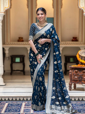 Shop Deals Printed Banarasi Silk Blend Saree(Blue)