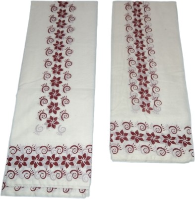 SETMUNDU STAR FLOWER Printed Mundum Neriyathum Handloom Pure Cotton Saree(White)
