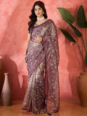 Sangria Embroidered Saree with Attached Blouse Net Saree(Purple)