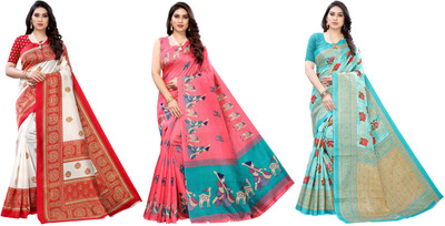YASHIKA Printed, Woven Mysore Art Silk Saree(Pack of 3, Red, Pink, Blue)