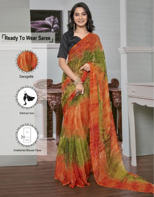 Satrani Printed, Woven, Embellished, Striped Bollywood Georgette Saree(Orange, Green)