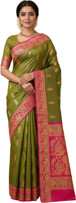 Kabitas Dreamland Paisley Baluchari Pure Silk Saree(Green, Pink)