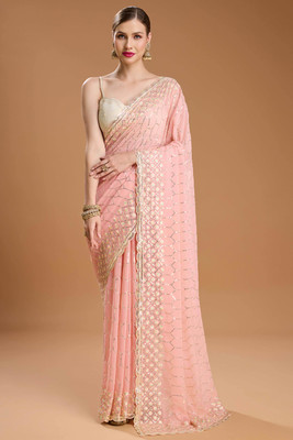 Peachmode Embroidered Bollywood Georgette Saree(Pink)