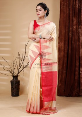 Bong ButiQ Temple Border Handloom Handloom Viscose Rayon Saree(Beige)