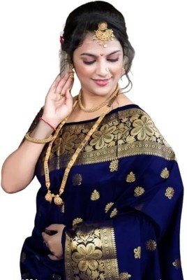 Pervas Woven Banarasi Silk Blend, Cotton Silk Saree(Dark Blue)