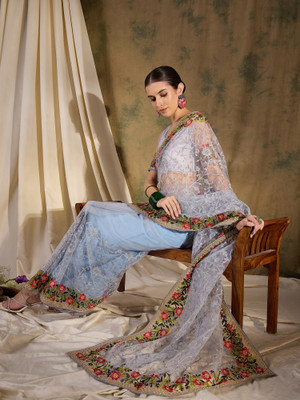 Sangria Embroidered Kalamkari Net Saree(Grey)