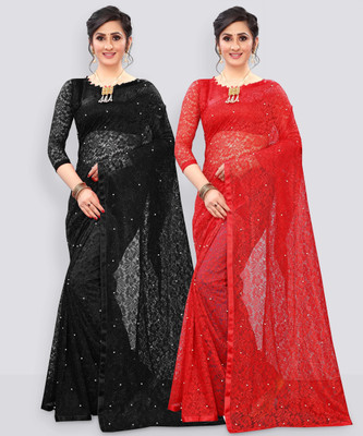 LOROFY Self Design Bollywood Net Saree(Pack of 2, Red, Black)