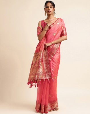 Satrani Woven, Self Design, Embellished Banarasi Organza Saree(Pink, Gold)