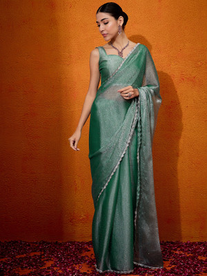 Divastri Embellished Bollywood Organza Saree(Dark Green)
