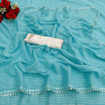 Vikash fab Temple Border Bollywood Georgette Saree(Light Blue)