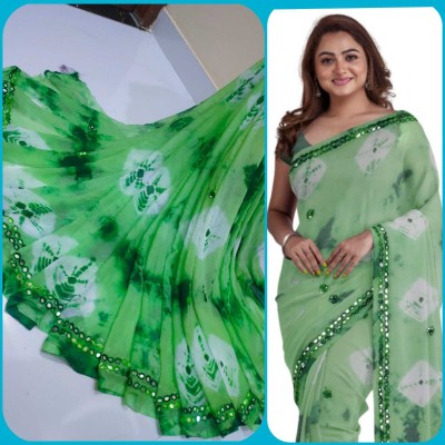 EMMANUEL TRADERS Color Block, Printed, Floral Print, Embroidered, Hand Painted Bandhani Chiffon Saree(Light Green)