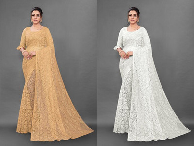 Paanthcreation Self Design Bollywood Net Saree(Pack of 2, Beige, White)
