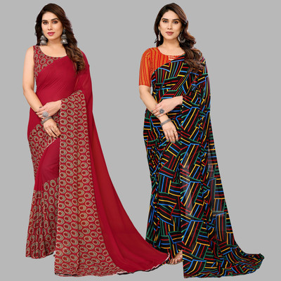kashvi sarees Printed Daily Wear Georgette Saree(Pack of 2, Red, Multicolor)