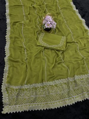 VarniRaaj Fashion Embellished Bollywood Pure Silk Saree(Light Green)