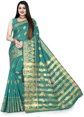 SHITHOOX Woven Kanjivaram Pure Silk Saree(Green)