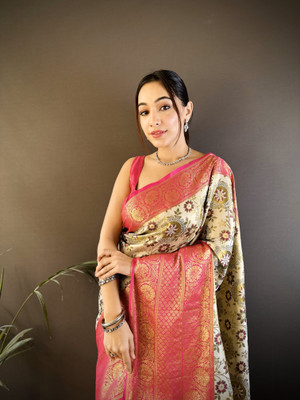 SHARDHA FASHION Woven, Self Design Banarasi Pure Silk, Tissue Saree(Black, Yellow, Multicolor)