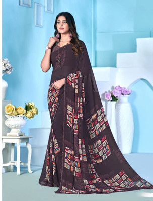 drpship Printed Bollywood Chiffon Saree(Brown)