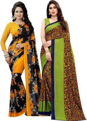 Priyashi Printed Daily Wear Georgette Saree(Pack of 2, Dark Blue, Black)
