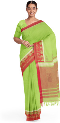 Biswa Bangla Self Design Handloom Pure Cotton Saree(Green)