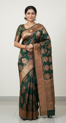 vijaydeep slik palace Floral Print Kanjivaram Pure Silk, Cotton Silk Saree(Blue, Dark Green)