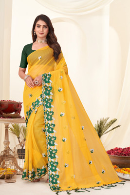ChamundaTrends Embroidered, Floral Print Bollywood Supernet Saree(Yellow)