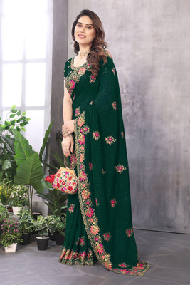 KB DESIGNER Embroidered, Floral Print, Embellished Bollywood Georgette Saree(Green)