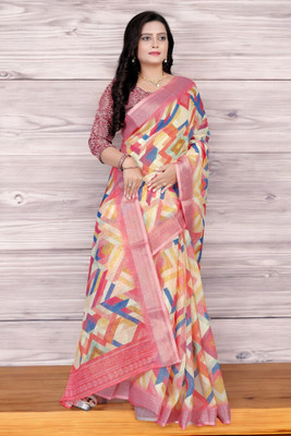 SJY Printed Assam Silk Linen Saree(Multicolor)