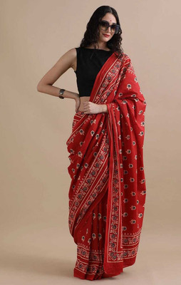 DASTKARPRINT Printed Daily Wear Pure Cotton Saree(Red)