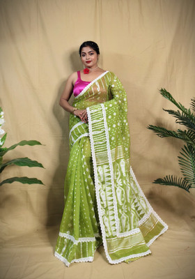 Bholenath textile Woven Jamdani Cotton Silk Saree(Pink, Green)