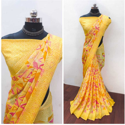jihana fab Printed Banarasi Chiffon Saree(Yellow)