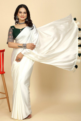 SAADHYA CREATION Embroidered, Solid/Plain Bollywood Satin Saree(Dark Green)